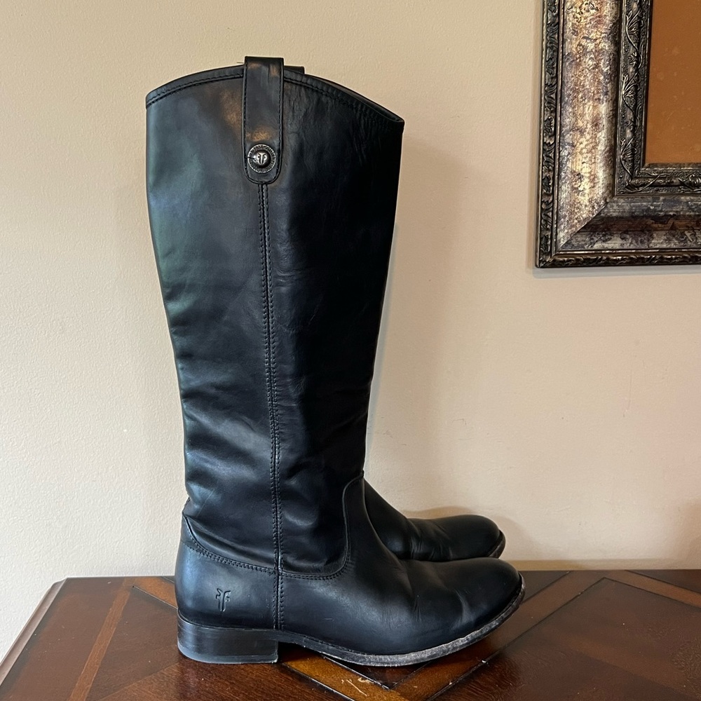 FRYE Melissa Button Tab Knee High Tall Riding Boots Black Leather Pullon SZ 8